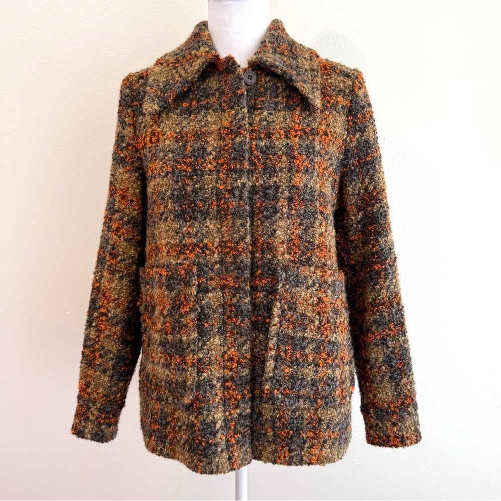 RODEBJER BROWN ORANGE GRAY PLAID COLLARED BUTTON UP BOEL BOUCLE TWEED JACKET - Picture 3 of 17